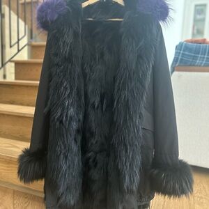 Women's Black and Purple Fur-Trimmed Coat